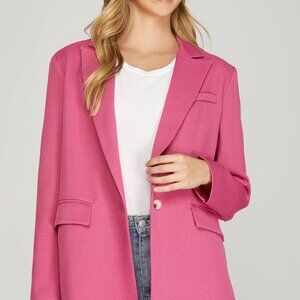 Single Breasted Woven Blazer with Front Pockets in Pink